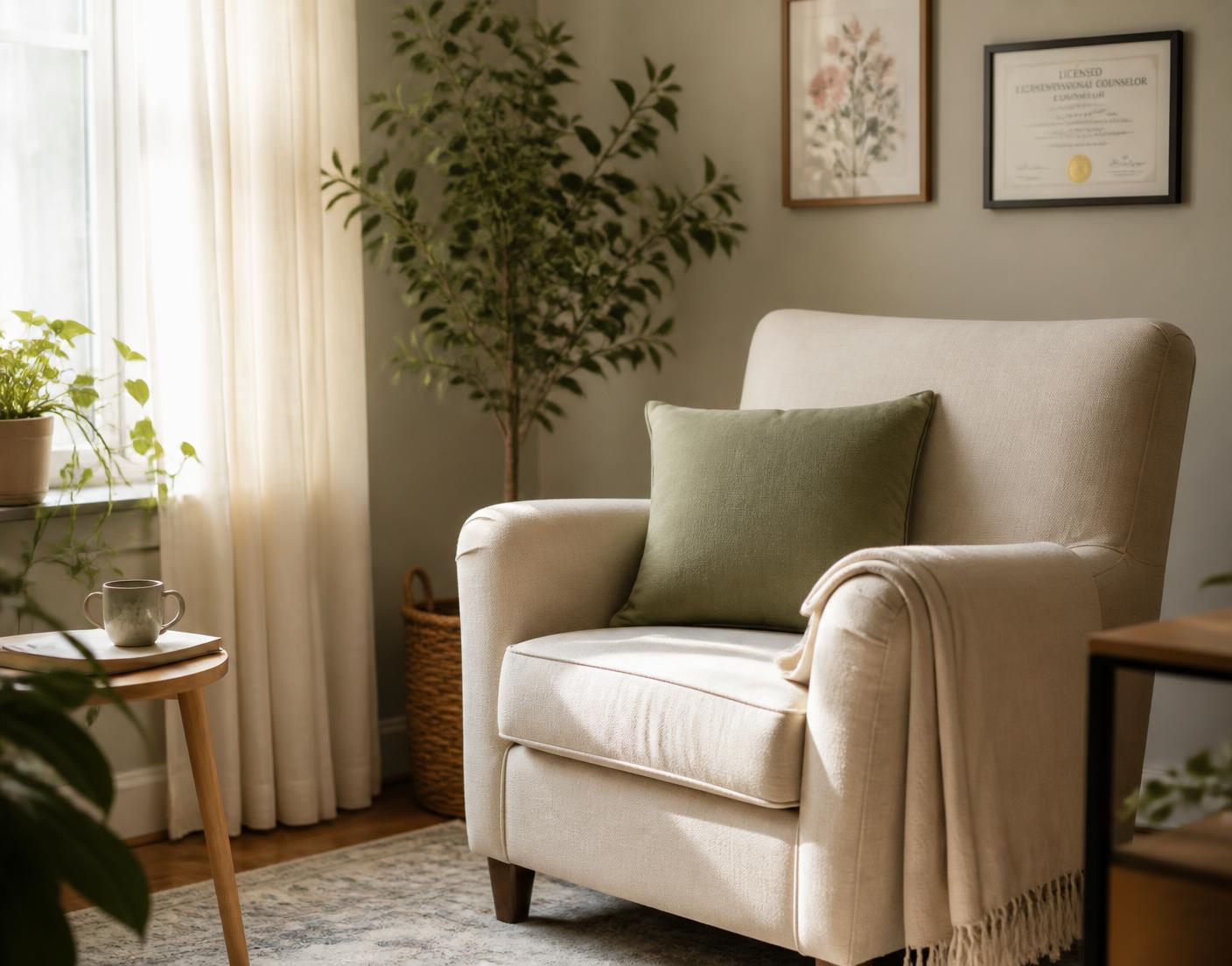 A sunlit counseling office with a linen armchair and green plants